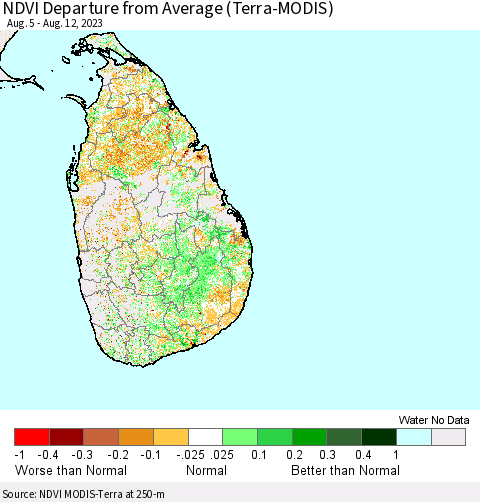 Sri Lanka NDVI Departure from Average (Terra-MODIS) Thematic Map For 8/5/2023 - 8/12/2023