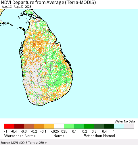 Sri Lanka NDVI Departure from Average (Terra-MODIS) Thematic Map For 8/11/2023 - 8/20/2023