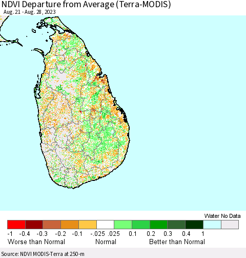 Sri Lanka NDVI Departure from Average (Terra-MODIS) Thematic Map For 8/21/2023 - 8/28/2023