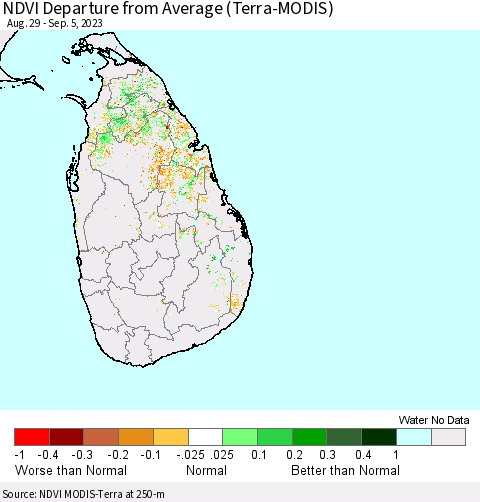 Sri Lanka NDVI Departure from Average (Terra-MODIS) Thematic Map For 8/29/2023 - 9/5/2023