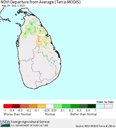 Sri Lanka NDVI Departure from Average (Terra-MODIS) Thematic Map For 9/1/2023 - 9/10/2023