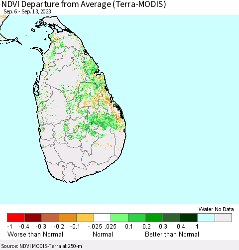 Sri Lanka NDVI Departure from Average (Terra-MODIS) Thematic Map For 9/6/2023 - 9/13/2023