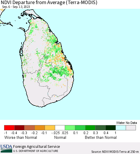 Sri Lanka NDVI Departure from Average (Terra-MODIS) Thematic Map For 9/11/2023 - 9/20/2023