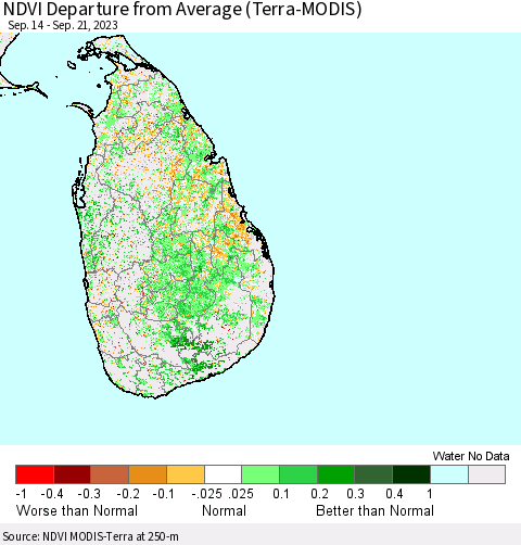 Sri Lanka NDVI Departure from Average (Terra-MODIS) Thematic Map For 9/14/2023 - 9/21/2023