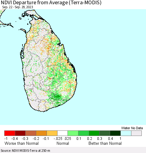 Sri Lanka NDVI Departure from Average (Terra-MODIS) Thematic Map For 9/22/2023 - 9/29/2023