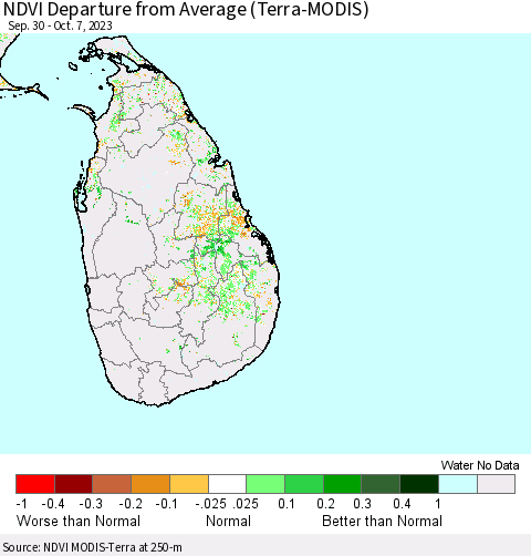 Sri Lanka NDVI Departure from Average (Terra-MODIS) Thematic Map For 9/30/2023 - 10/7/2023