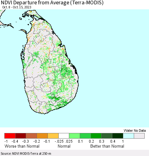 Sri Lanka NDVI Departure from Average (Terra-MODIS) Thematic Map For 10/8/2023 - 10/15/2023
