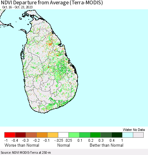 Sri Lanka NDVI Departure from Average (Terra-MODIS) Thematic Map For 10/16/2023 - 10/23/2023
