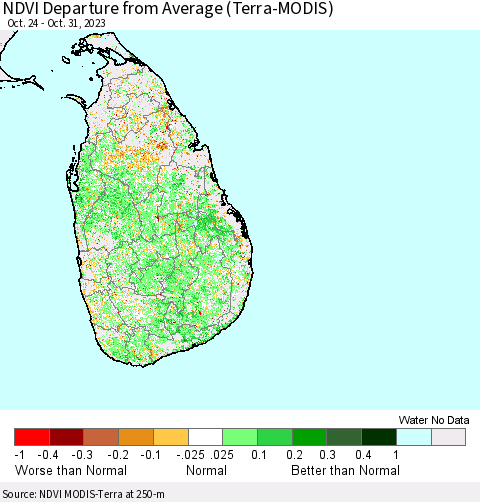 Sri Lanka NDVI Departure from Average (Terra-MODIS) Thematic Map For 10/24/2023 - 10/31/2023