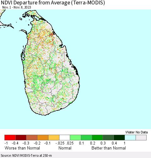 Sri Lanka NDVI Departure from Average (Terra-MODIS) Thematic Map For 11/1/2023 - 11/8/2023