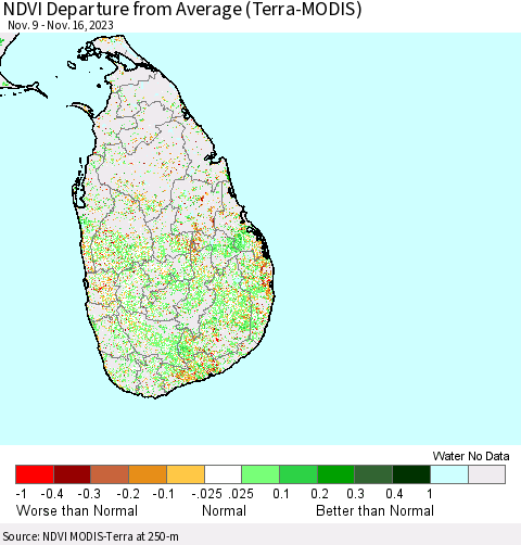 Sri Lanka NDVI Departure from Average (Terra-MODIS) Thematic Map For 11/9/2023 - 11/16/2023