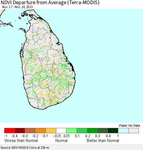 Sri Lanka NDVI Departure from Average (Terra-MODIS) Thematic Map For 11/17/2023 - 11/24/2023