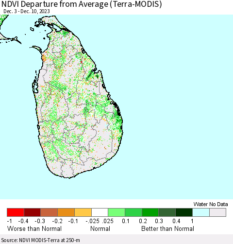 Sri Lanka NDVI Departure from Average (Terra-MODIS) Thematic Map For 12/3/2023 - 12/10/2023
