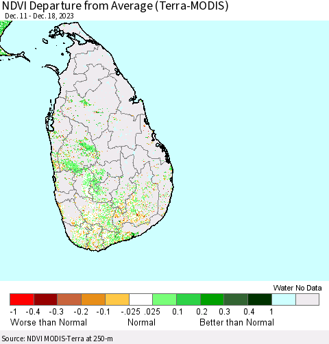 Sri Lanka NDVI Departure from Average (Terra-MODIS) Thematic Map For 12/11/2023 - 12/18/2023