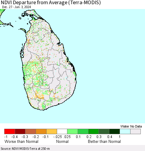 Sri Lanka NDVI Departure from Average (Terra-MODIS) Thematic Map For 12/27/2023 - 1/3/2024