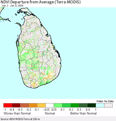 Sri Lanka NDVI Departure from Average (Terra-MODIS) Thematic Map For 1/1/2024 - 1/8/2024