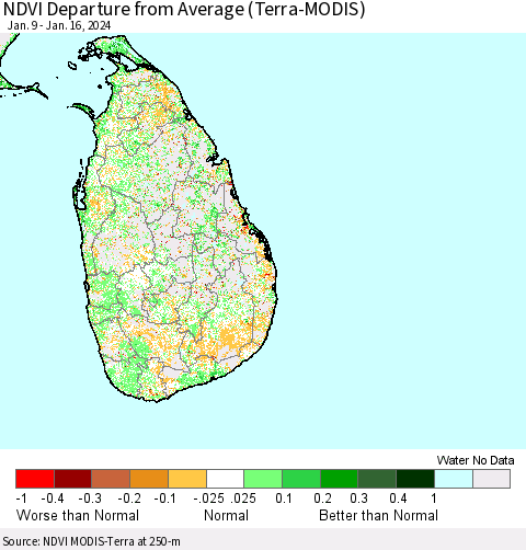 Sri Lanka NDVI Departure from Average (Terra-MODIS) Thematic Map For 1/9/2024 - 1/16/2024