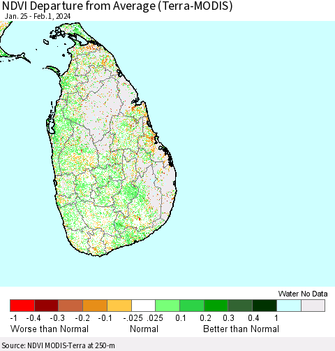 Sri Lanka NDVI Departure from Average (Terra-MODIS) Thematic Map For 1/25/2024 - 2/1/2024