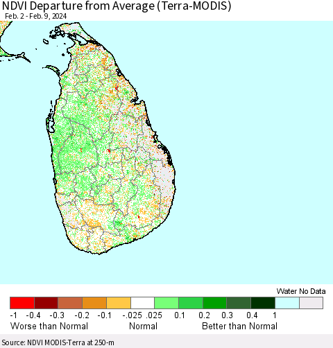 Sri Lanka NDVI Departure from Average (Terra-MODIS) Thematic Map For 2/2/2024 - 2/9/2024