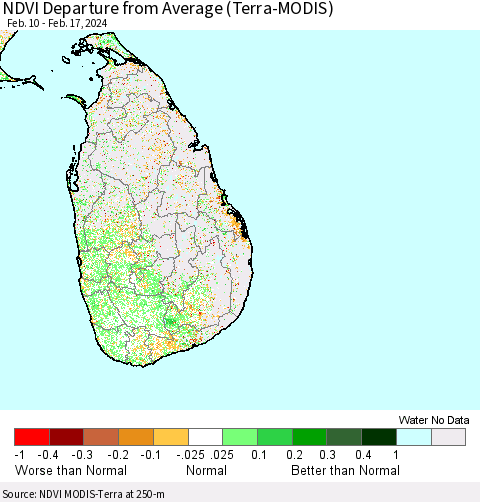 Sri Lanka NDVI Departure from Average (Terra-MODIS) Thematic Map For 2/10/2024 - 2/17/2024