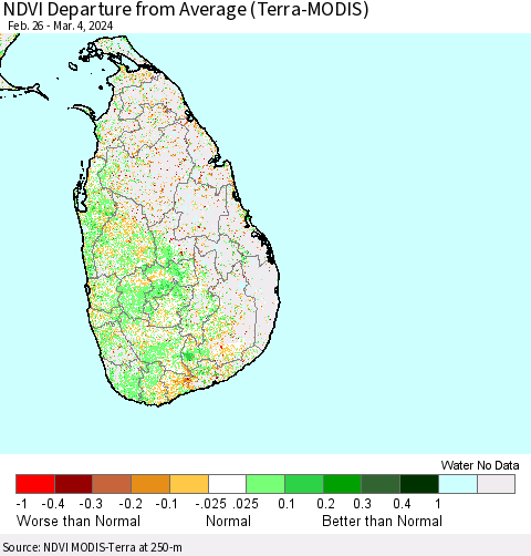Sri Lanka NDVI Departure from Average (Terra-MODIS) Thematic Map For 2/26/2024 - 3/4/2024