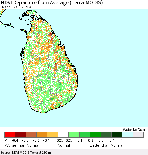 Sri Lanka NDVI Departure from Average (Terra-MODIS) Thematic Map For 3/5/2024 - 3/12/2024