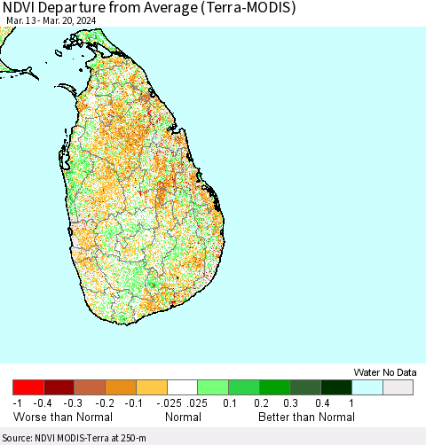 Sri Lanka NDVI Departure from Average (Terra-MODIS) Thematic Map For 3/13/2024 - 3/20/2024