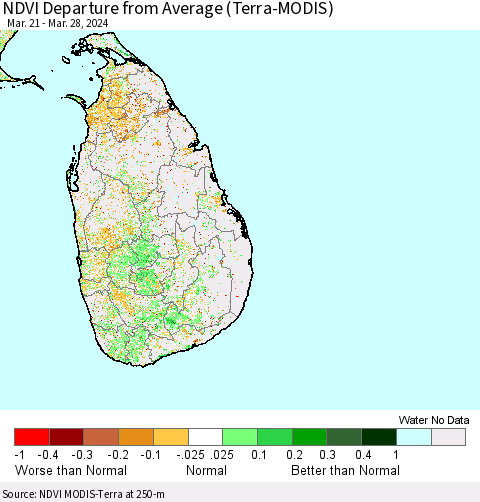 Sri Lanka NDVI Departure from Average (Terra-MODIS) Thematic Map For 3/21/2024 - 3/28/2024