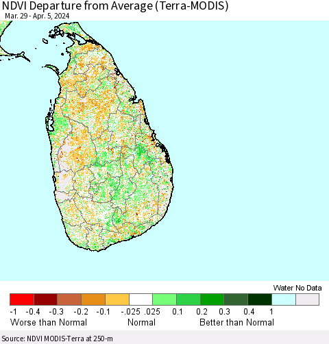 Sri Lanka NDVI Departure from Average (Terra-MODIS) Thematic Map For 3/29/2024 - 4/5/2024