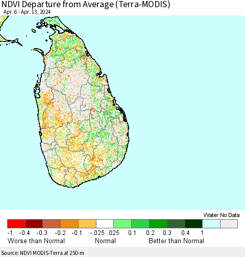 Sri Lanka NDVI Departure from Average (Terra-MODIS) Thematic Map For 4/6/2024 - 4/13/2024