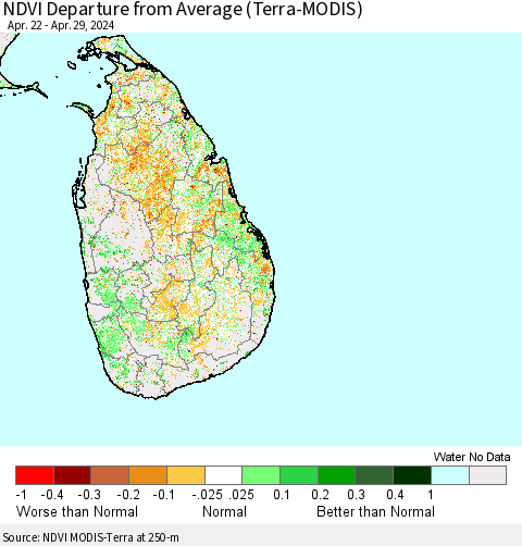 Sri Lanka NDVI Departure from Average (Terra-MODIS) Thematic Map For 4/22/2024 - 4/29/2024