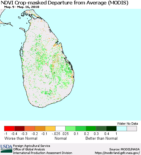 Sri Lanka Cropland NDVI Departure from Average (Terra-MODIS) Thematic Map For 5/11/2018 - 5/20/2018