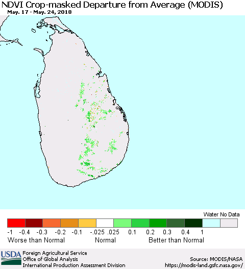 Sri Lanka Cropland NDVI Departure from Average (Terra-MODIS) Thematic Map For 5/21/2018 - 5/31/2018