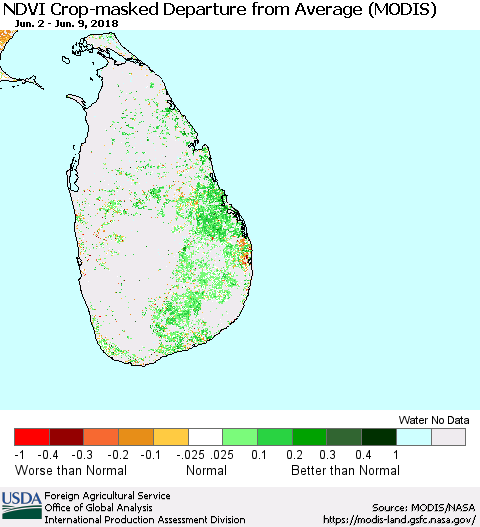 Sri Lanka Cropland NDVI Departure from Average (Terra-MODIS) Thematic Map For 6/1/2018 - 6/10/2018