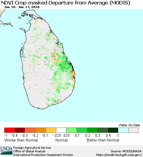 Sri Lanka Cropland NDVI Departure from Average (Terra-MODIS) Thematic Map For 6/11/2018 - 6/20/2018
