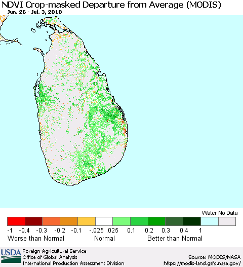 Sri Lanka Cropland NDVI Departure from Average (Terra-MODIS) Thematic Map For 7/1/2018 - 7/10/2018