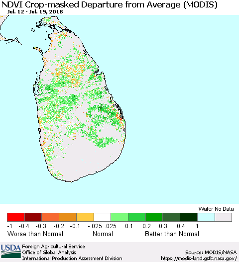 Sri Lanka Cropland NDVI Departure from Average (Terra-MODIS) Thematic Map For 7/11/2018 - 7/20/2018