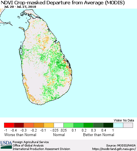Sri Lanka Cropland NDVI Departure from Average (Terra-MODIS) Thematic Map For 7/21/2018 - 7/31/2018