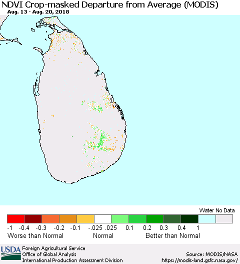 Sri Lanka Cropland NDVI Departure from Average (Terra-MODIS) Thematic Map For 8/11/2018 - 8/20/2018