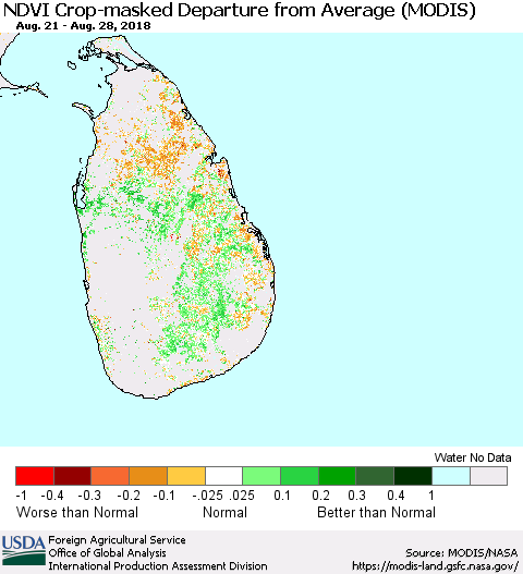 Sri Lanka Cropland NDVI Departure from Average (Terra-MODIS) Thematic Map For 8/21/2018 - 8/31/2018
