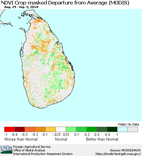 Sri Lanka Cropland NDVI Departure from Average (Terra-MODIS) Thematic Map For 9/1/2018 - 9/10/2018