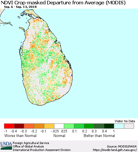 Sri Lanka Cropland NDVI Departure from Average (Terra-MODIS) Thematic Map For 9/11/2018 - 9/20/2018