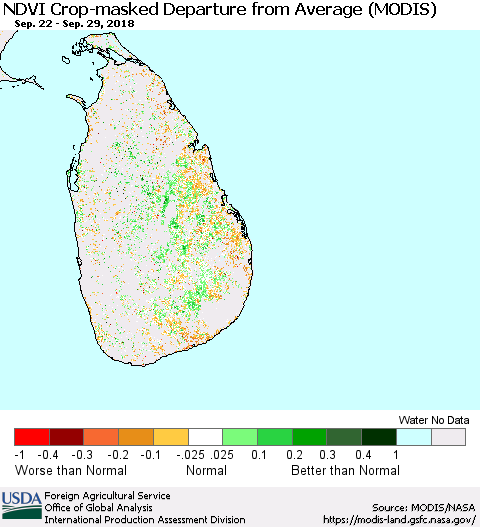 Sri Lanka Cropland NDVI Departure from Average (Terra-MODIS) Thematic Map For 9/21/2018 - 9/30/2018