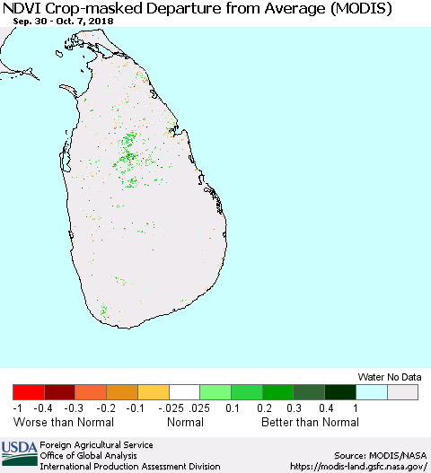 Sri Lanka Cropland NDVI Departure from Average (Terra-MODIS) Thematic Map For 10/1/2018 - 10/10/2018