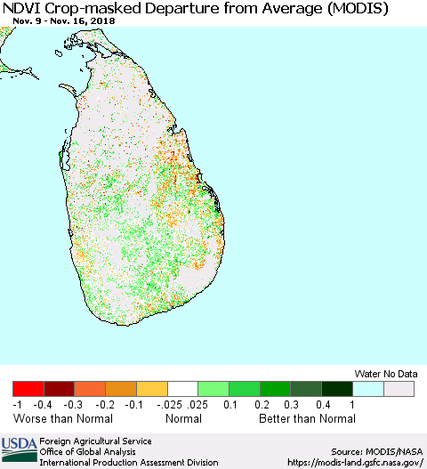 Sri Lanka Cropland NDVI Departure from Average (Terra-MODIS) Thematic Map For 11/11/2018 - 11/20/2018