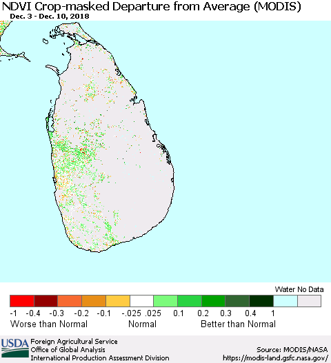 Sri Lanka Cropland NDVI Departure from Average (Terra-MODIS) Thematic Map For 12/1/2018 - 12/10/2018