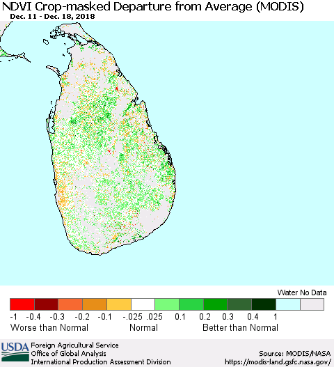 Sri Lanka NDVI Crop-masked Departure from Average (MODIS-Terra) Thematic Map For 12/11/2018 - 12/20/2018