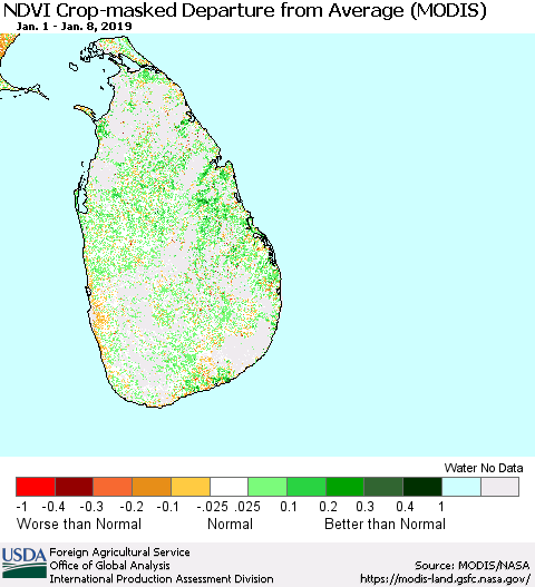 Sri Lanka Cropland NDVI Departure from Average (Terra-MODIS) Thematic Map For 1/1/2019 - 1/10/2019