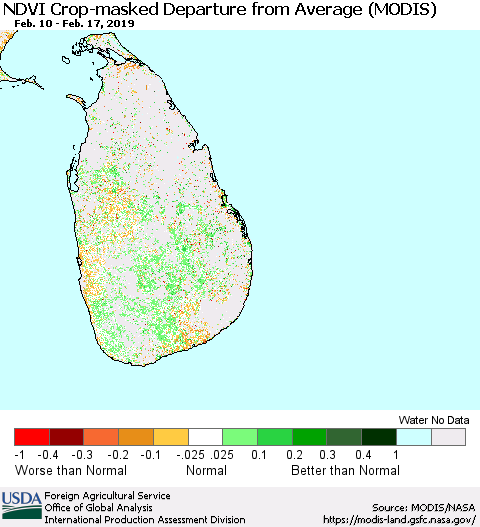 Sri Lanka NDVI Crop-masked Departure from Average (MODIS-Terra) Thematic Map For 2/11/2019 - 2/20/2019
