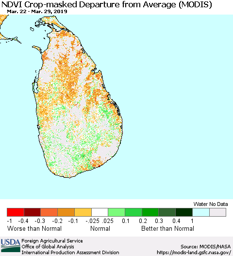 Sri Lanka NDVI Crop-masked Departure from Average (MODIS-Terra) Thematic Map For 3/21/2019 - 3/31/2019